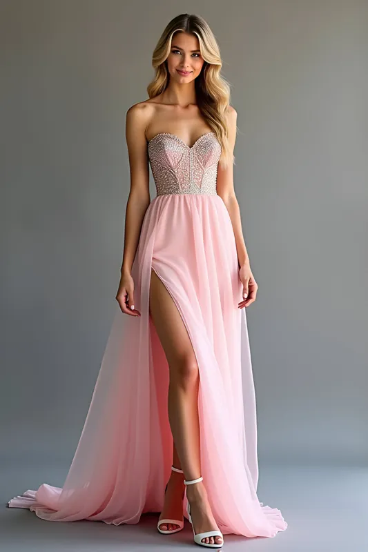 Sparkly Pink A Line Sweetheart Sequined Corset Long Prom Dress With Slit sold by Zapaka
