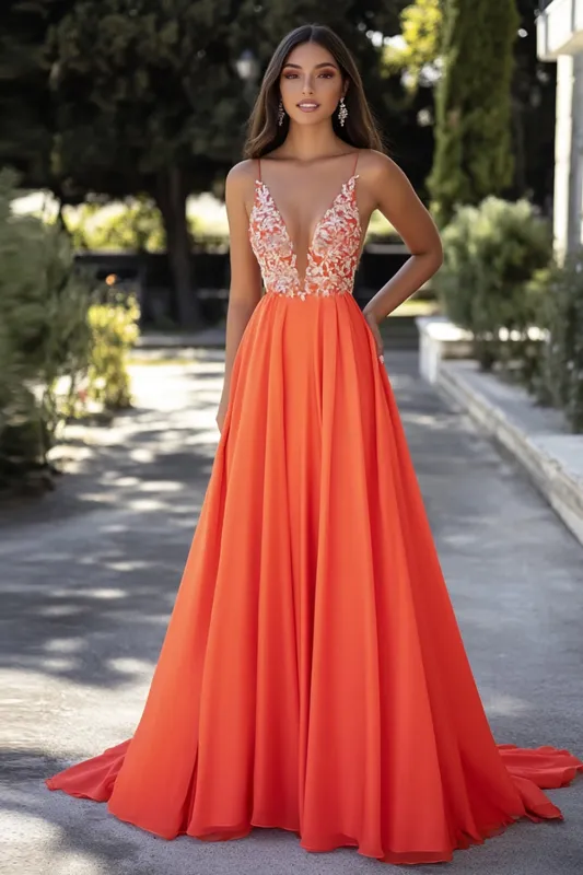 Orange Chiffon Spaghetti Straps A-Line Long Prom Dress with Lace Appliques sold by Zapaka