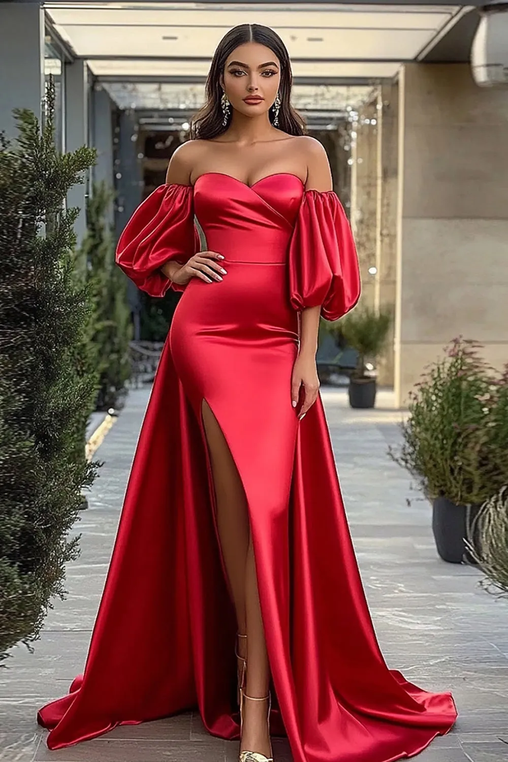 Red Satin A-Line Long Prom Dress with Slit sold by Zapaka