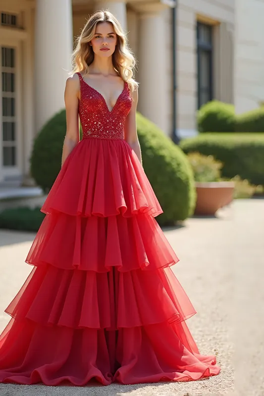 Sparkly Red Ball Gown Deep V Ruffles Tulle Long Prom Dress with Beaded sold by Zapaka