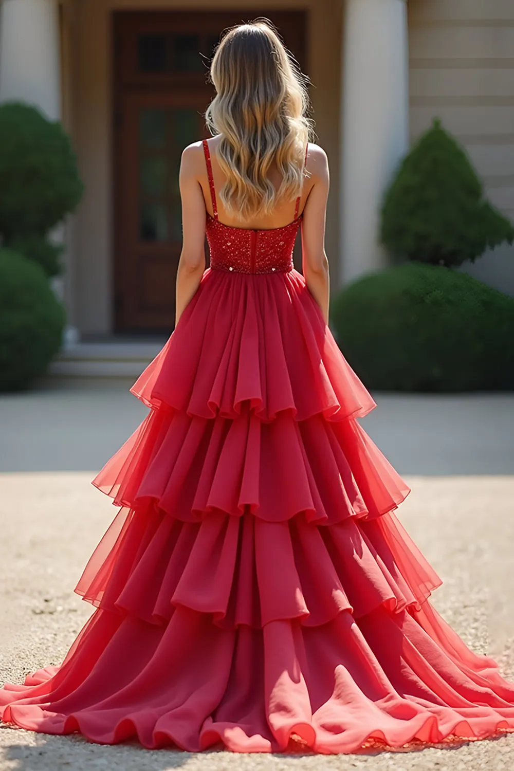 Sparkly Red Ball Gown Deep V Ruffles Tulle Long Prom Dress with Beaded sold by Zapaka product image thumbnail 2