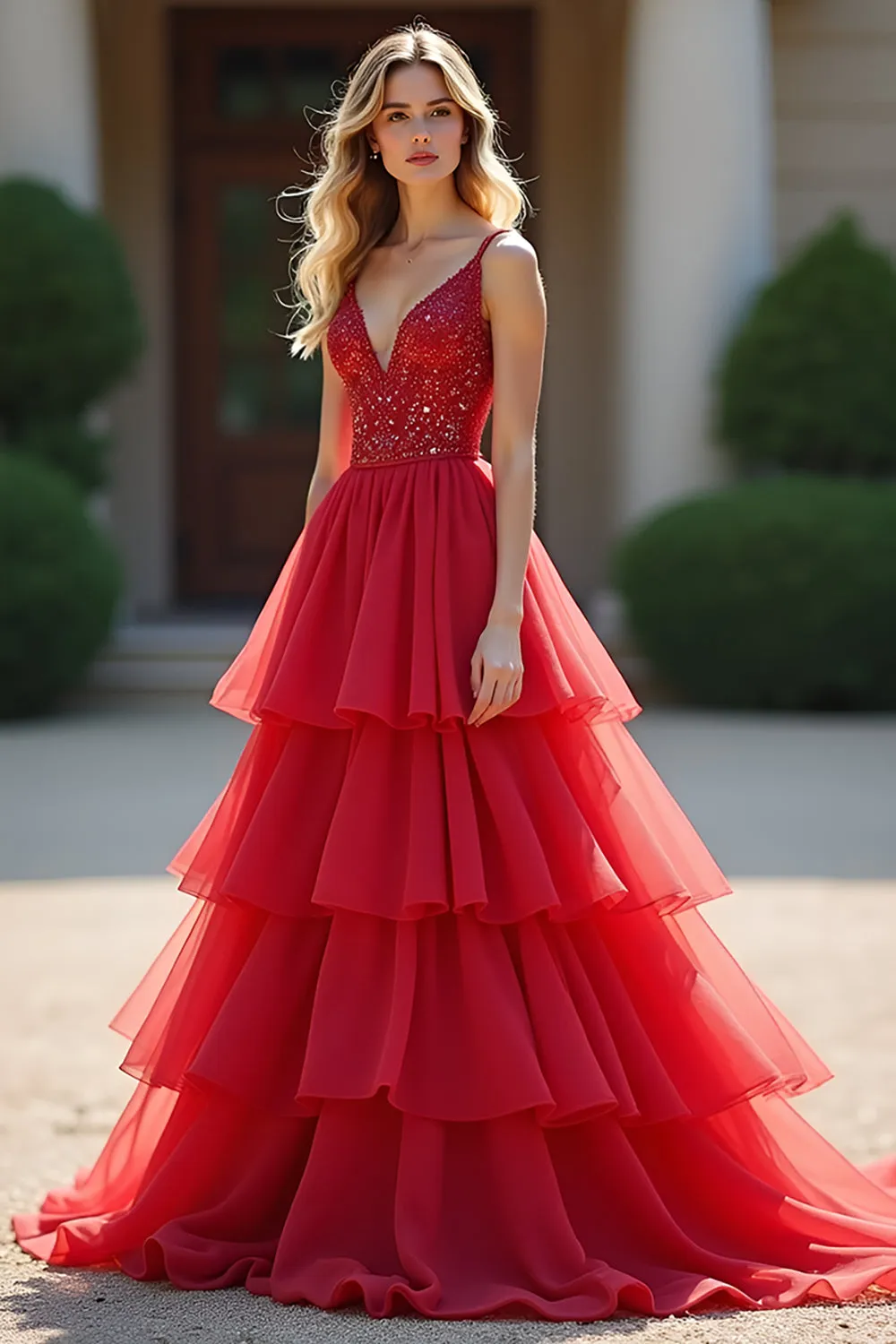 Sparkly Red Ball Gown Deep V Ruffles Tulle Long Prom Dress with Beaded sold by Zapaka product image thumbnail 3