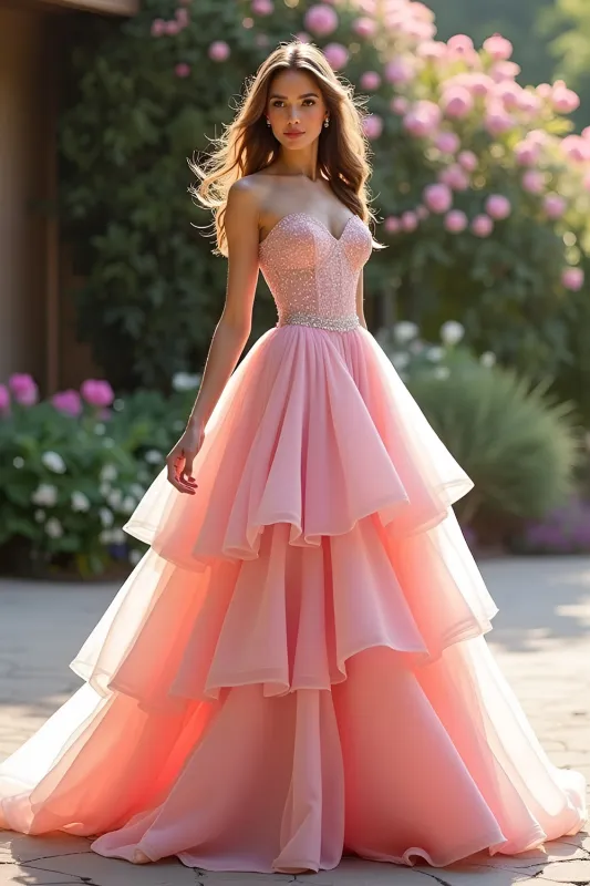 Pink Sweetheart Ruffled Tiered Prom Dress sold by Zapaka