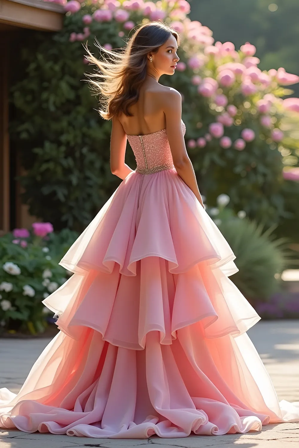 Pink Sweetheart Ruffled Tiered Prom Dress sold by Zapaka product image thumbnail 2