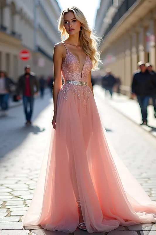 Pink Deep V-Neck A Line Long Prom Dress with Tulle sold by Zapaka