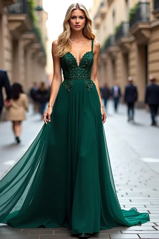 Dark Green A Line Tulle Long Prom Dress with Lace Appliques sold by Zapaka
