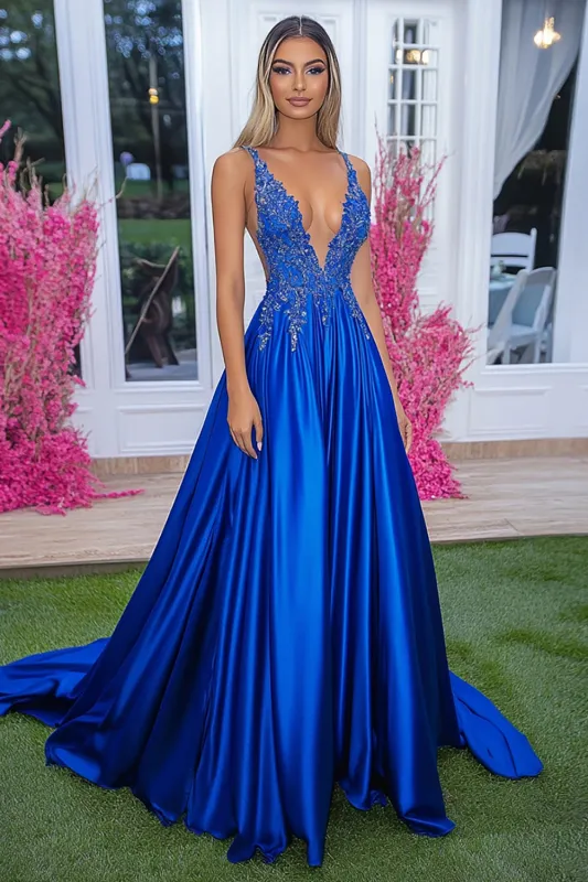Royal Blue Spaghetti Straps Satin A-Line Ruched Long Prom Dress with Appliques sold by Zapaka