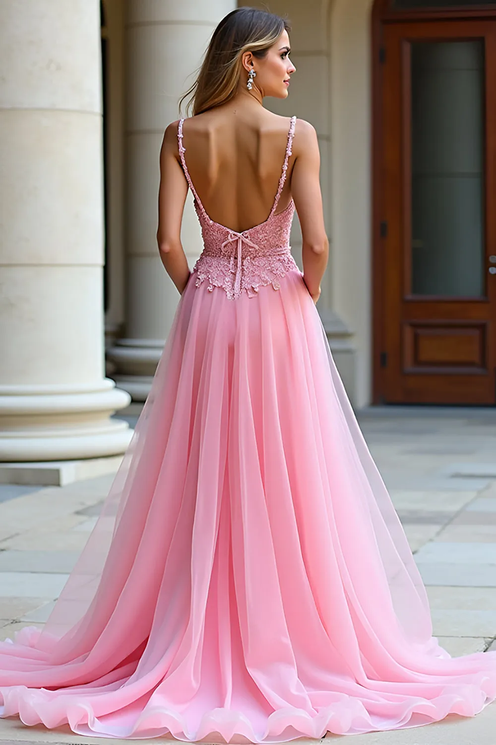 A Line Spaghetti Straps Pink Lace Long Prom Dress sold by Zapaka product image thumbnail 2