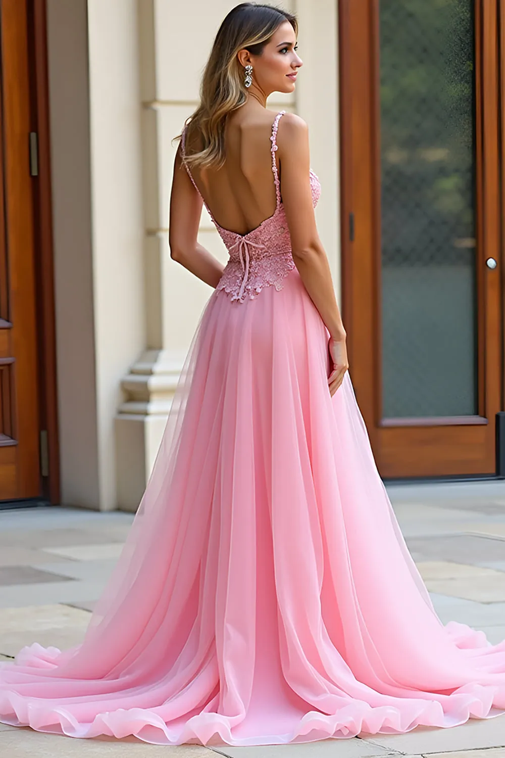 A Line Spaghetti Straps Pink Lace Long Prom Dress sold by Zapaka product image thumbnail 3