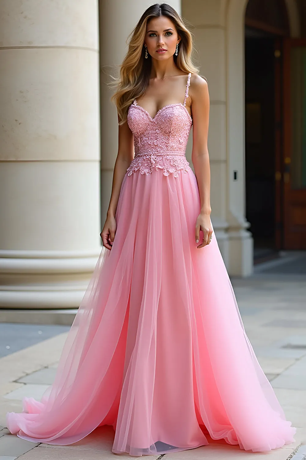 A Line Spaghetti Straps Pink Lace Long Prom Dress sold by Zapaka