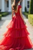 Sparkly Red A-Line Deep V Neck Ruffles Ball Gown with Beaded sold by Zapaka