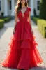 Sparkly Red A-Line Deep V Neck Ruffles Ball Gown with Beaded sold by Zapaka