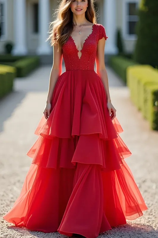 Sparkly Red A-Line Deep V Neck Ruffles Ball Gown with Beaded sold by Zapaka