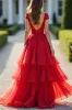 Sparkly Red A-Line Deep V Neck Ruffles Ball Gown with Beaded sold by Zapaka