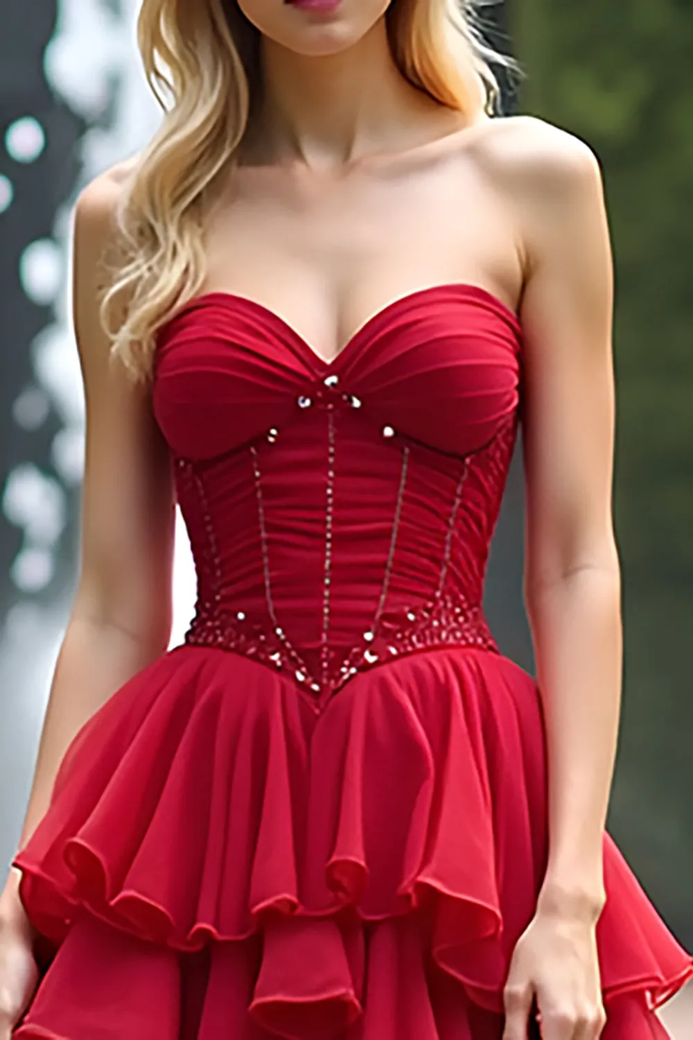 Ruched Red Sweetheart Rufled A Line Long Prom Dress sold by Zapaka product image thumbnail 2