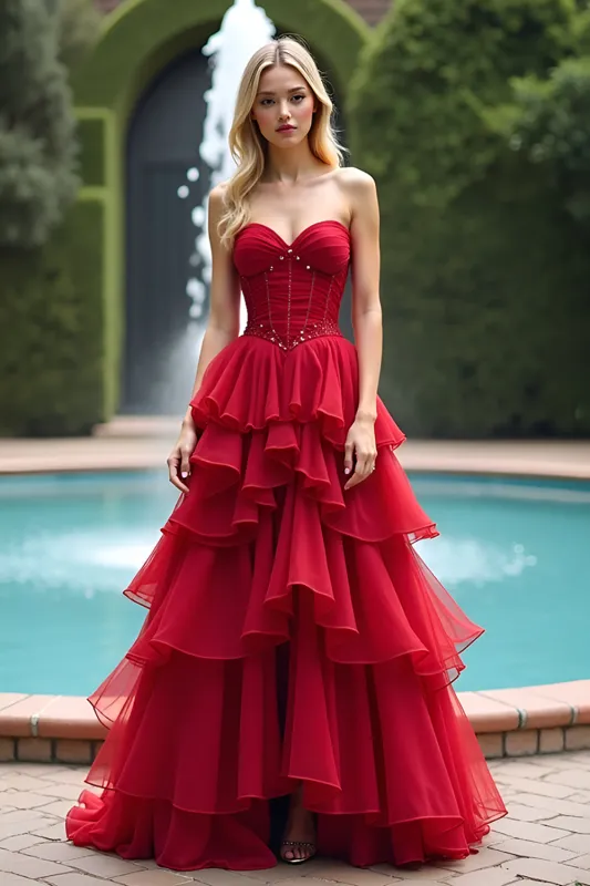 Ruched Red Sweetheart Rufled A Line Long Prom Dress sold by Zapaka