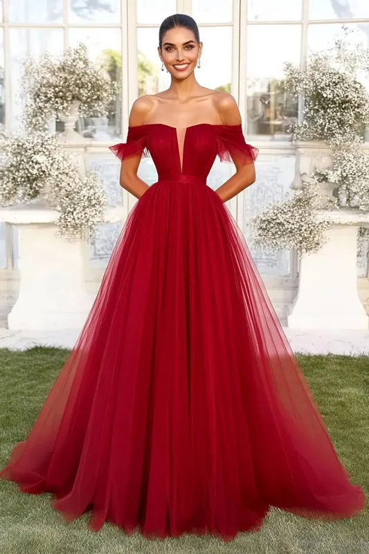 Red A-Line Off the Shoulder Tulle Prom Dress sold by Zapaka