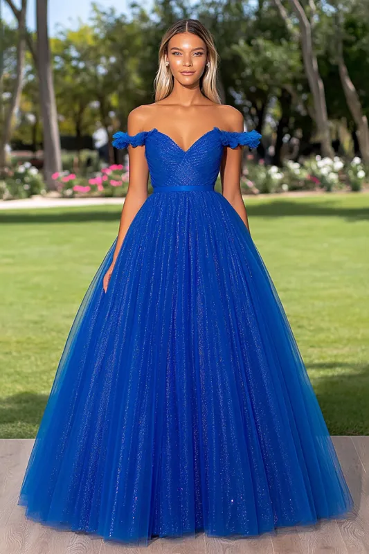 Sparkly Royal Blue Off the Shoulder Tulle Ball Gown sold by Zapaka