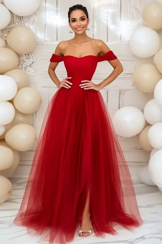 Red A-Line Off the Shoulder Tulle Ball Gown with Slit sold by Zapaka
