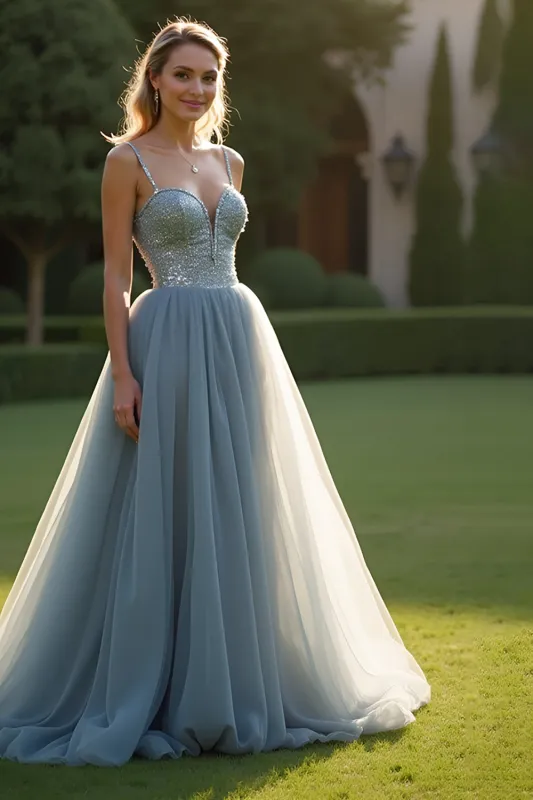 Grey Blue Tulle Spaghetti Straps A-Line Long Prom Dress with Sequins sold by Zapaka