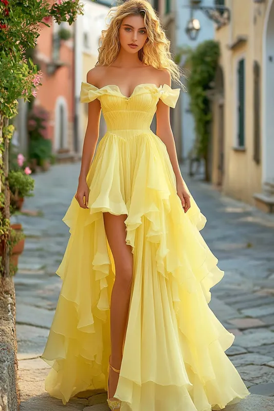 Yellow Ruffled A Line Long Prom Dress with Slit sold by Zapaka