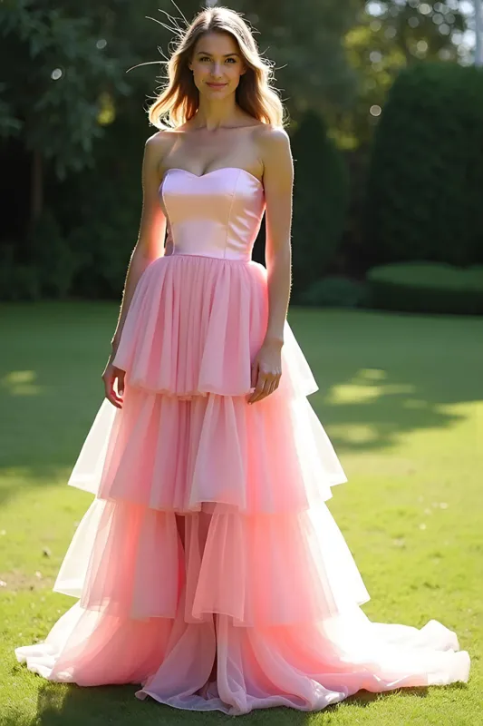 Pink A-Line Strapless Ruffles Tulle Ball Gown sold by Zapaka