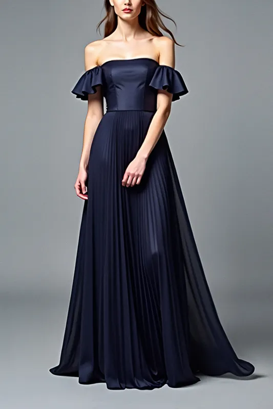 Off the Shoulder Navy Ruched A Line Formal Dress sold by Zapaka
