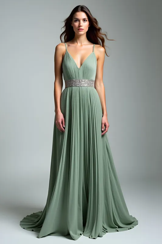 Dusty Sage Ruched Spaghetti Straps A Line Formal Dress sold by Zapaka