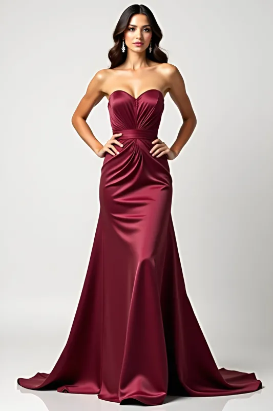 Strapless Burgundy Mermaid Satin Pleated Formal Dress sold by Zapaka