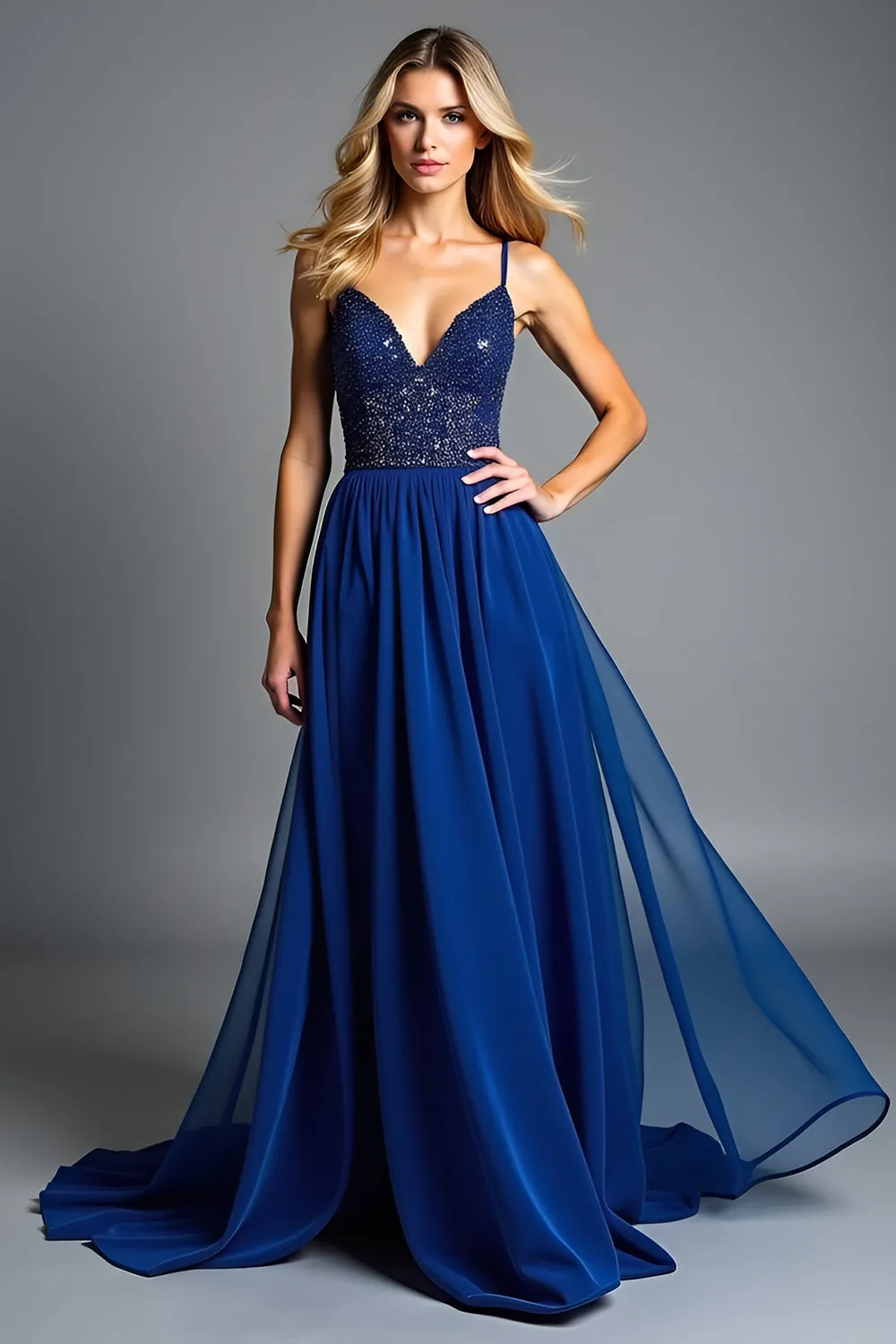 Sparkly Royal Blue Tulle Spaghetti Straps A Line Formal Dress with Beading sold by Zapaka