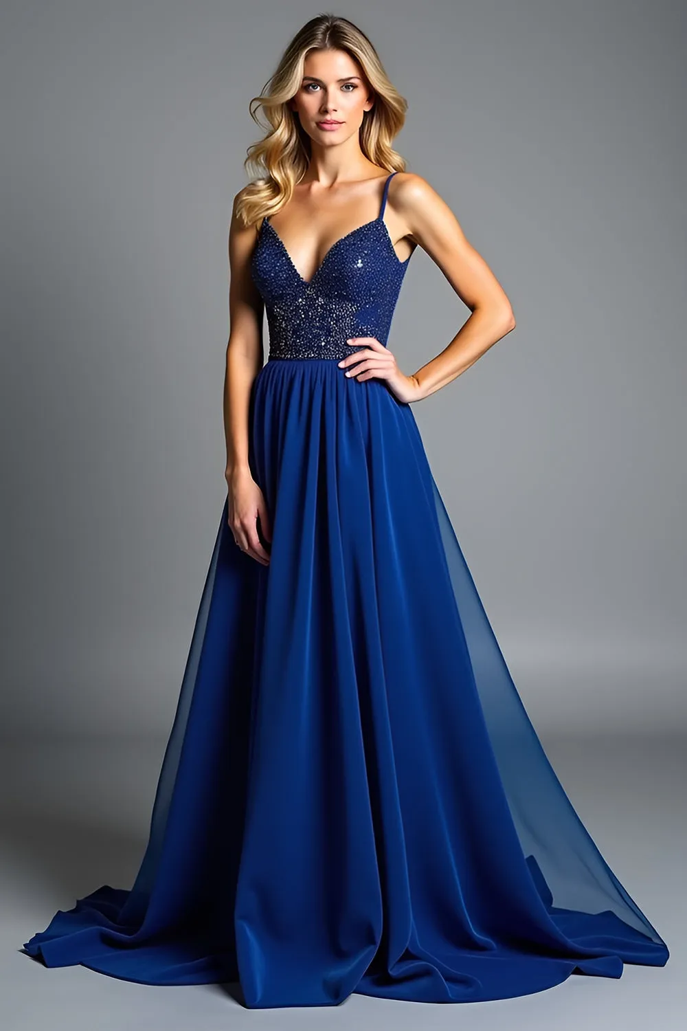 Sparkly Royal Blue Tulle Spaghetti Straps A Line Formal Dress with Beading sold by Zapaka product image thumbnail 2