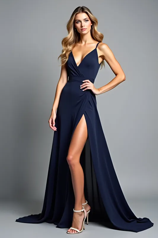 A Line Navy Spaghetti Straps Long Formal Dress with Slit sold by Zapaka
