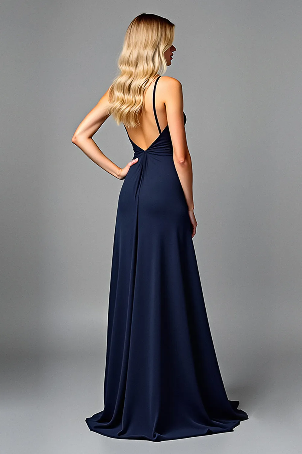 Spaghetti Straps Pleated Navy Sheath Formal Dress with Slit sold by Zapaka product image thumbnail 3