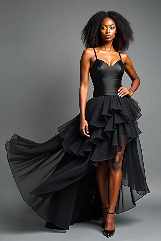 Black A Line Long Spaghetti  Straps Formal Dress with Ruffles sold by Zapaka