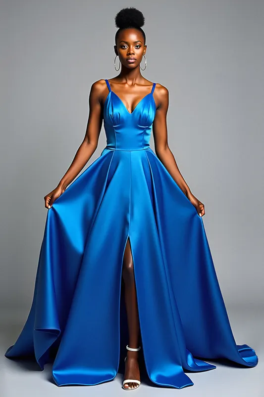 Royal Blue A Line Spaghetti Straps Satin Formal Dress with Slit sold by Zapaka
