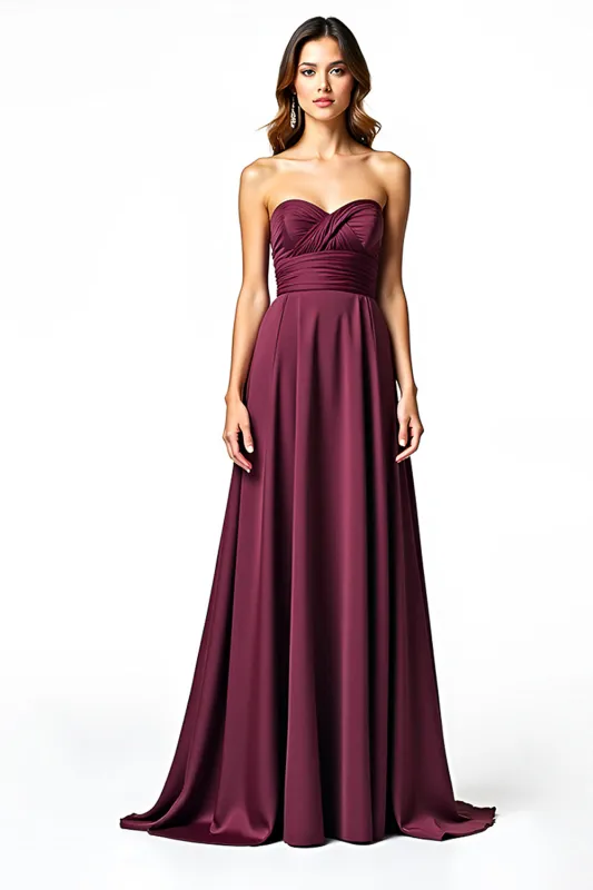 Burgundy A Line Pleated Strapless Formal Dress sold by Zapaka
