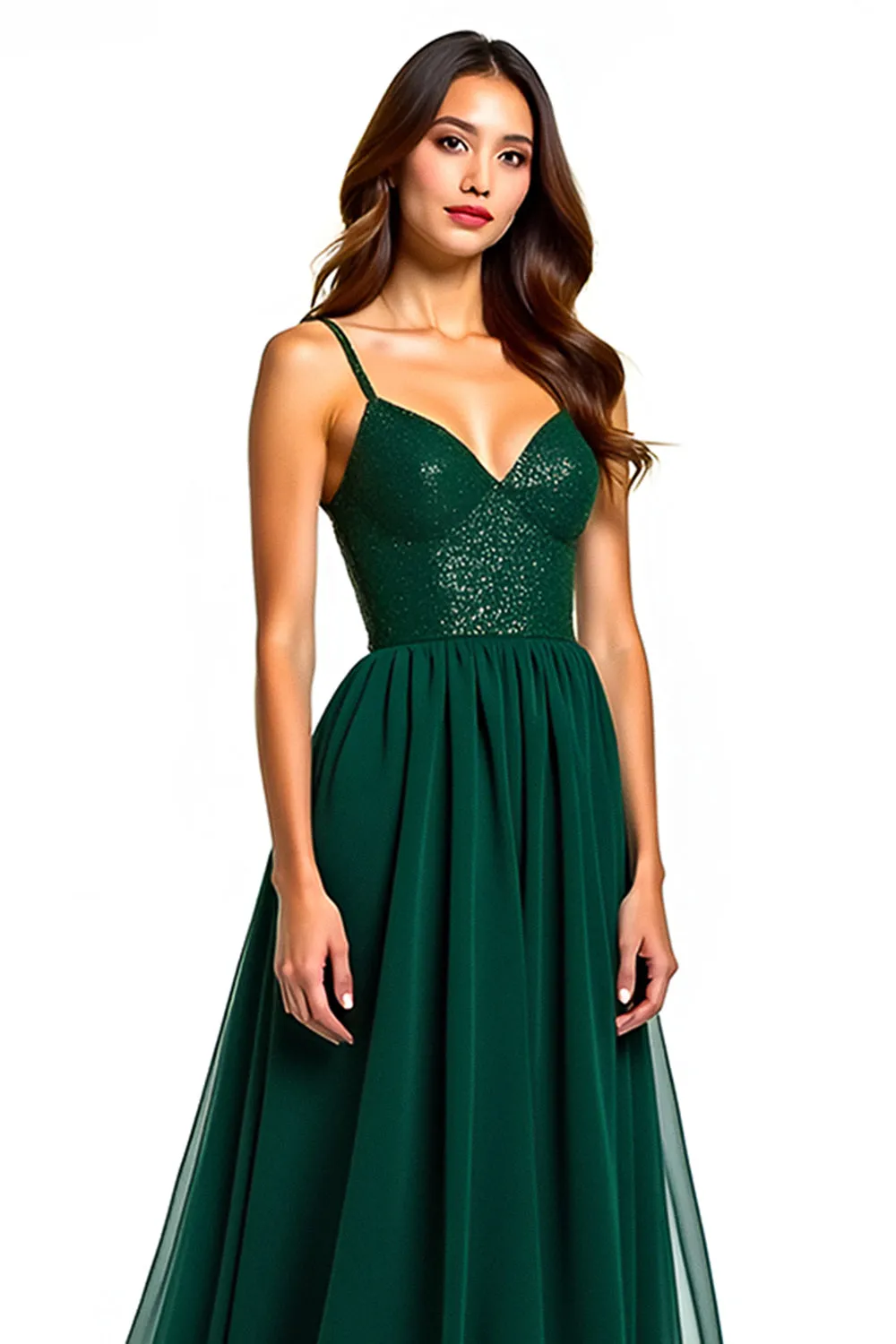 Dark Green Spaghetti Straps A Line Long Wedding Guest Dress with Slit sold by Zapaka product image thumbnail 4