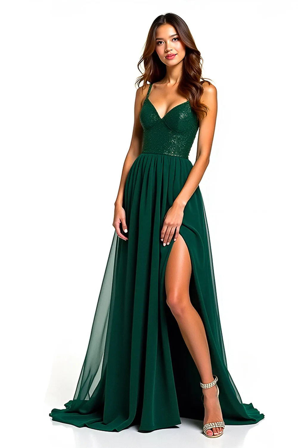 Dark Green Spaghetti Straps A Line Long Wedding Guest Dress with Slit sold by Zapaka