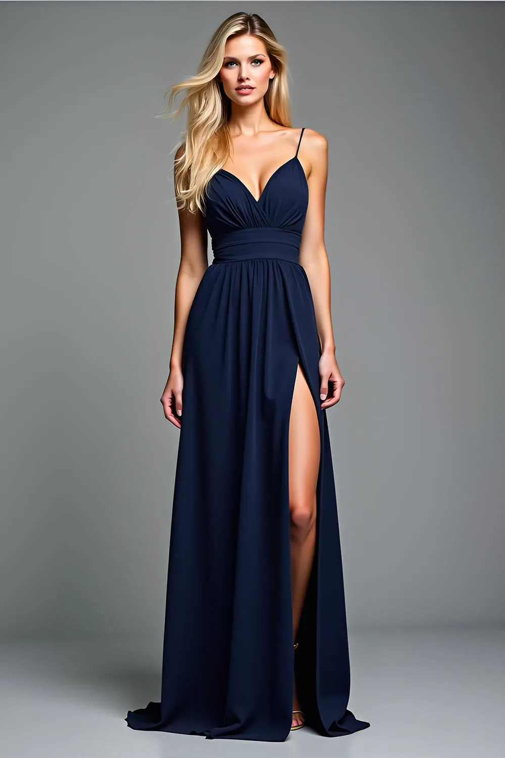 A Line Navy Spaghetti Straps Long Wedding Guest Dress sold by Zapaka