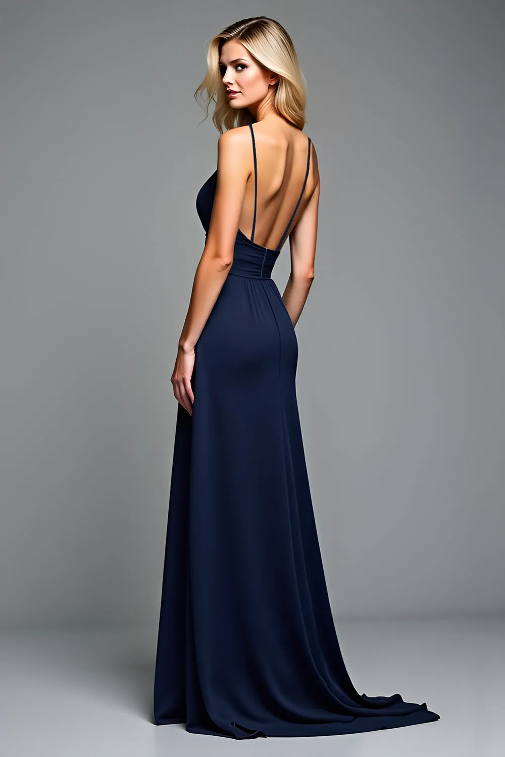 A Line Navy Spaghetti Straps Long Wedding Guest Dress sold by Zapaka product image thumbnail 2