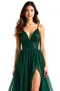 A Line Dark Green Spaghetti Straps Long Wedding Guest Dress sold by Zapaka