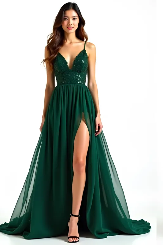 A Line Dark Green Spaghetti Straps Long Wedding Guest Dress sold by Zapaka