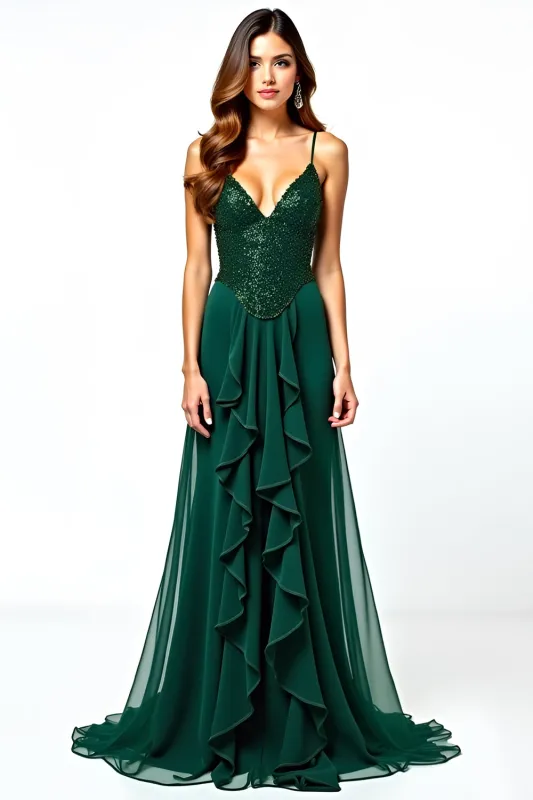 Ruffles Dark Green Spaghetti Straps Sheath Wedding Guest Dress sold by Zapaka