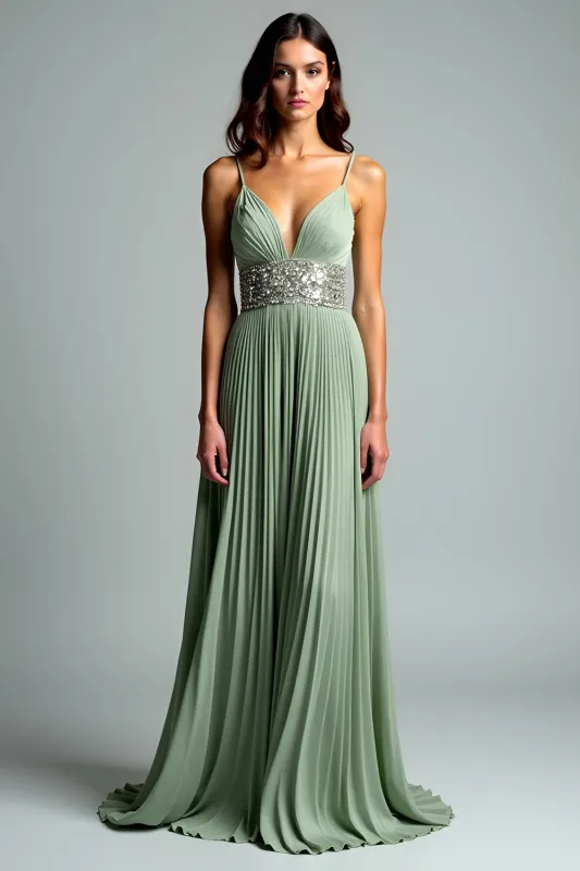 Ruched A Line Grey Green Spaghetti Straps Wedding Guest Dress sold by Zapaka