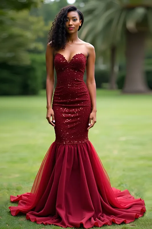 Sparkly Burgundy Mermaid Sweetheart Long Prom Dress with Sequins sold by Zapaka