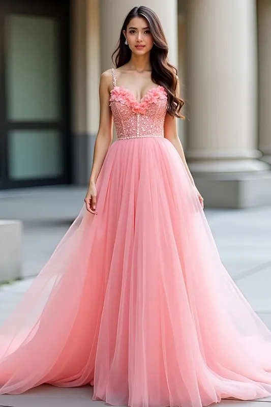 Pink A Line Spaghetti Straps Corset Sequin Prom Dress sold by Zapaka