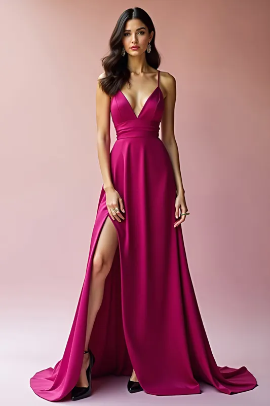 Fuchsia Backless Spaghetti Straps A Line Long Prom Dress with Slit sold by Zapaka