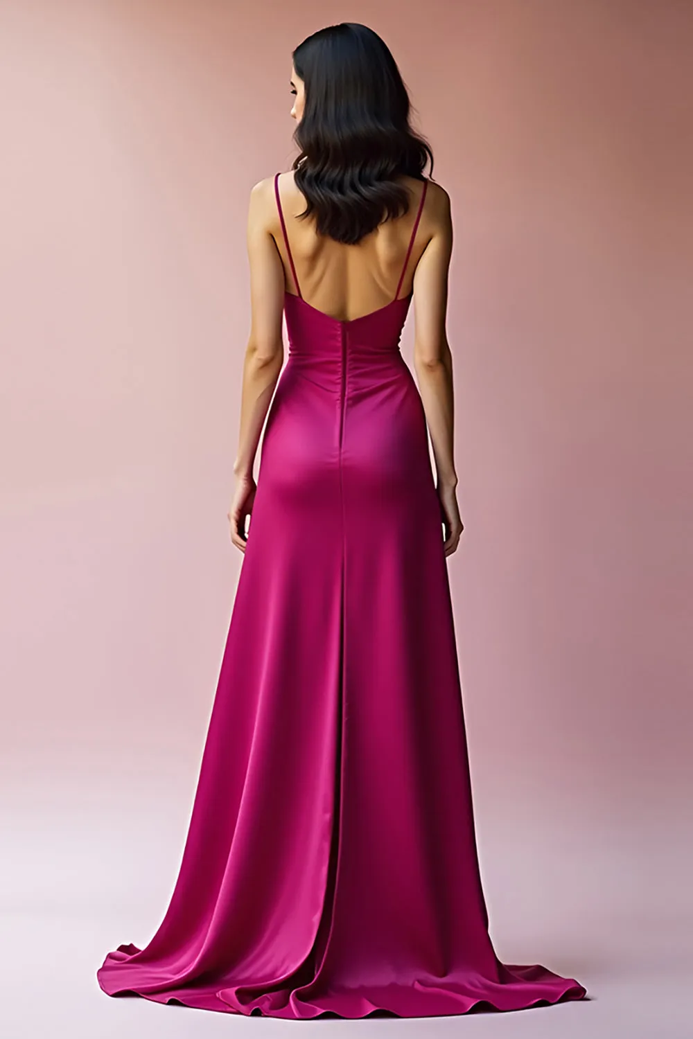 Fuchsia Backless Spaghetti Straps A Line Long Prom Dress with Slit sold by Zapaka product image thumbnail 2