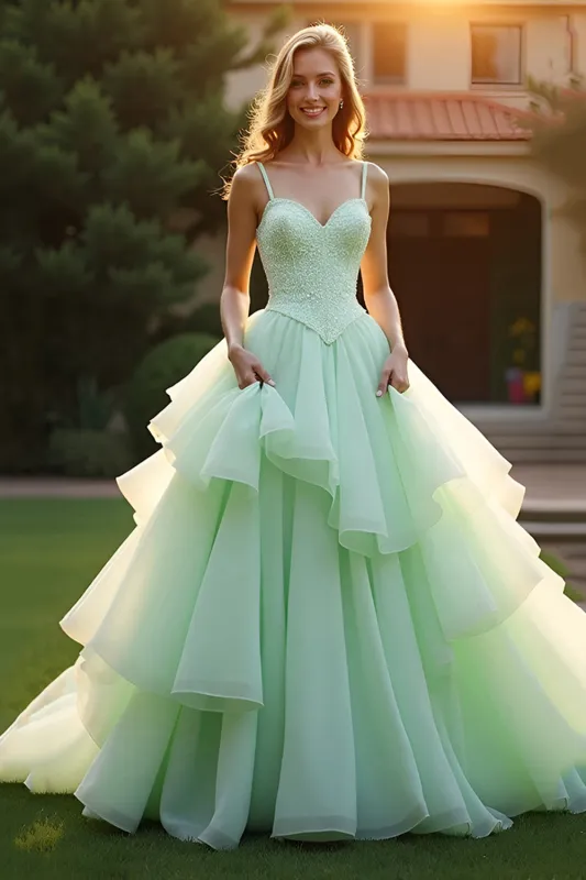 Green Princess Tiered Beaded Long Prom Dress sold by Zapaka