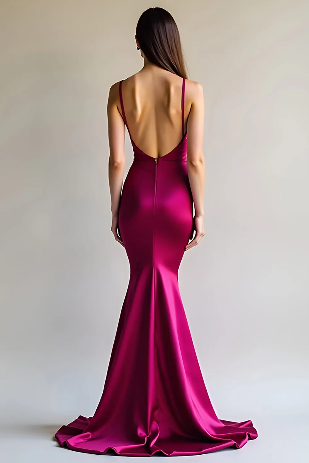 Fuchsia Mermaid Spaghetti Straps Long Satin Prom Dress sold by Zapaka product image thumbnail 2